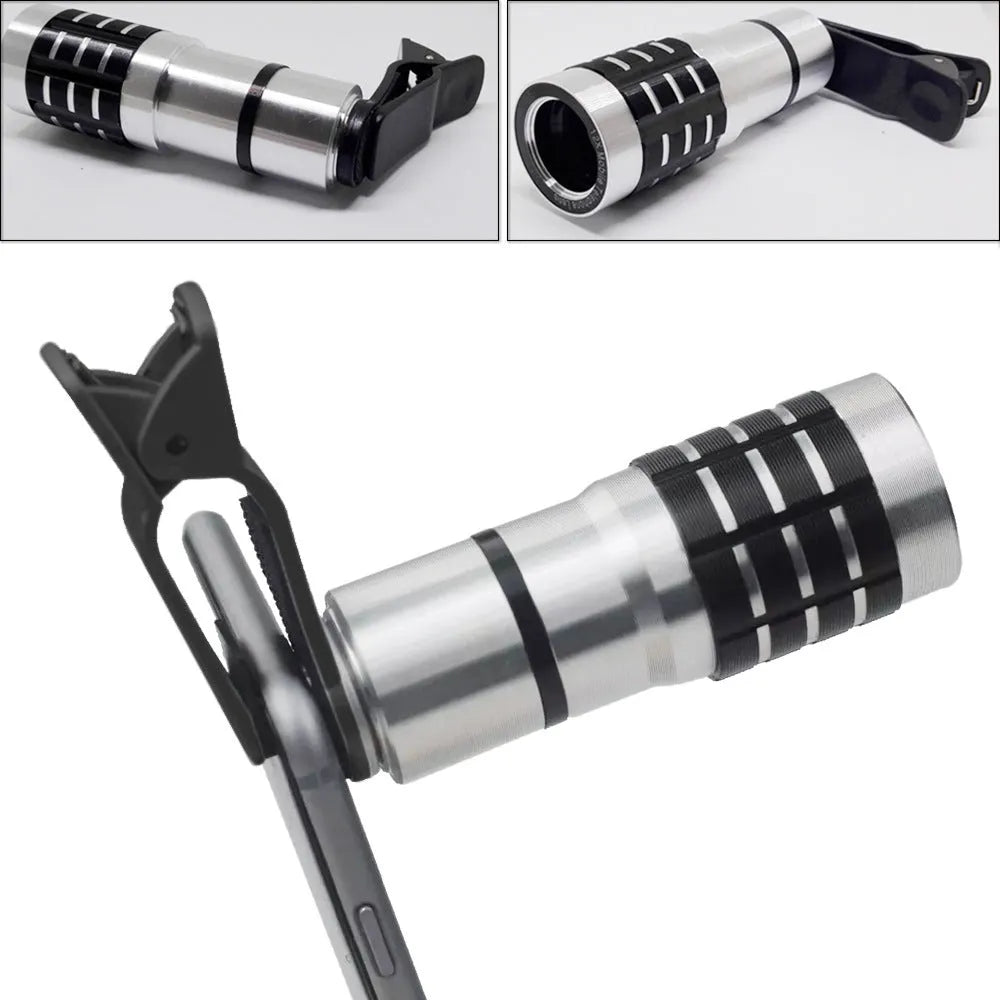 12x telescopic telephoto lens with universal clip mount for mobile phones.
