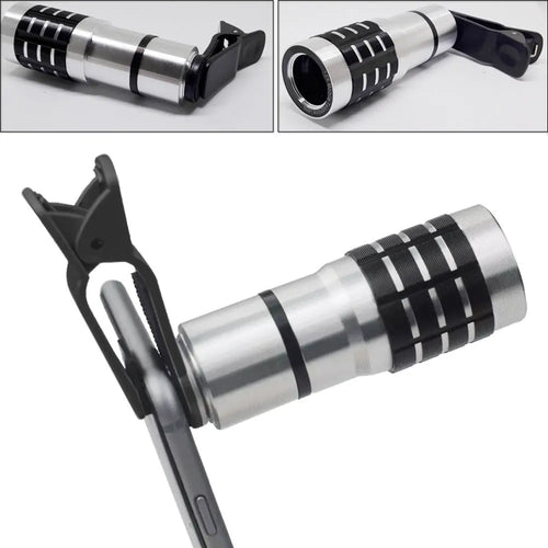12x telescopic telephoto lens with universal clip mount for mobile phones.