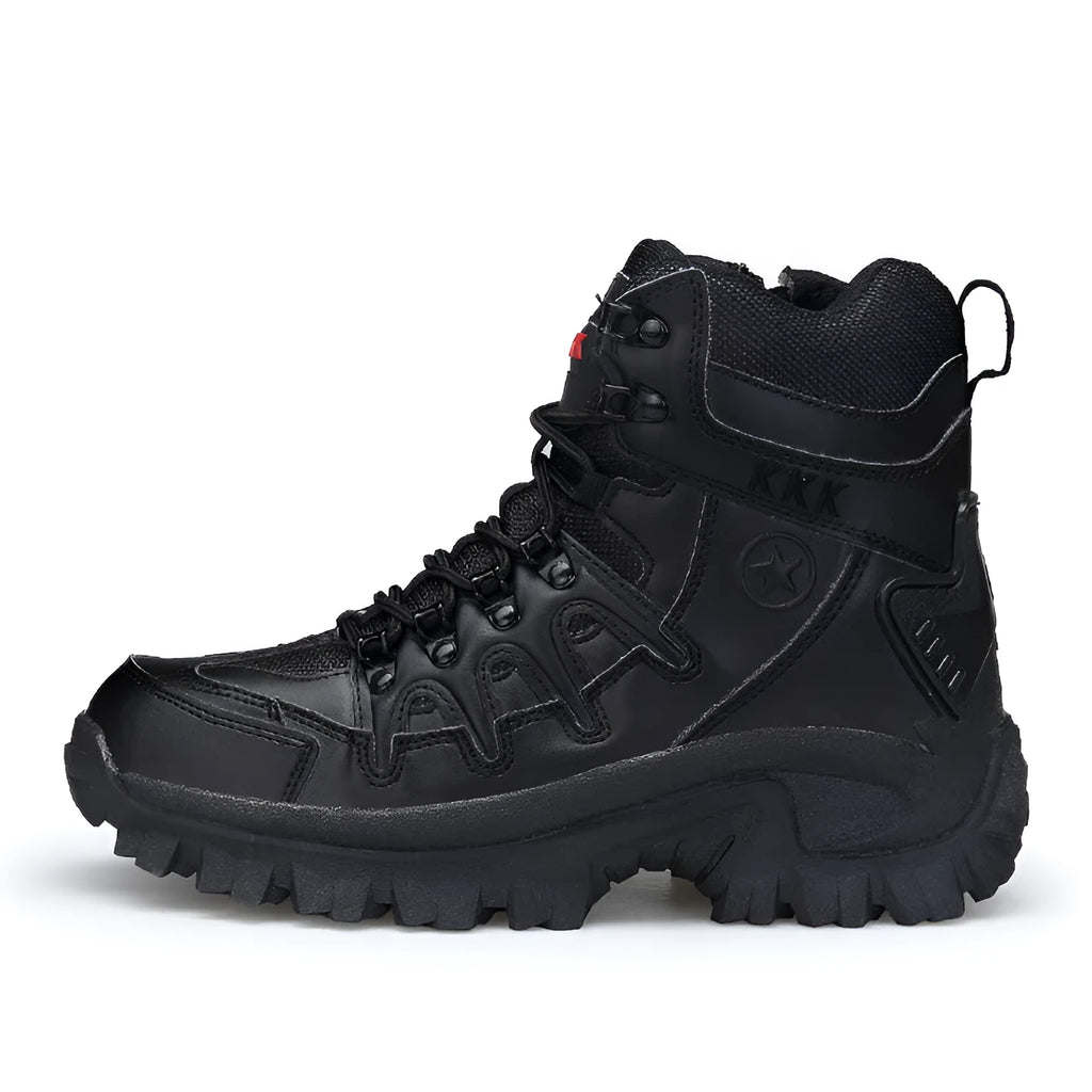 Black US Army Delta tactical boots with rubber sole on rocky outdoor terrain