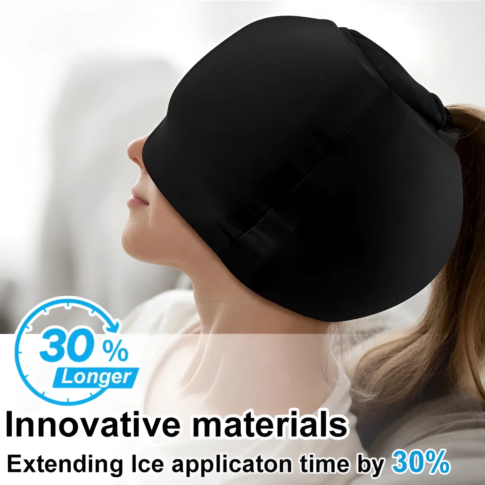 Simple solid colour cold compress cap with fully enclosed design in black, pink, or dark blue.