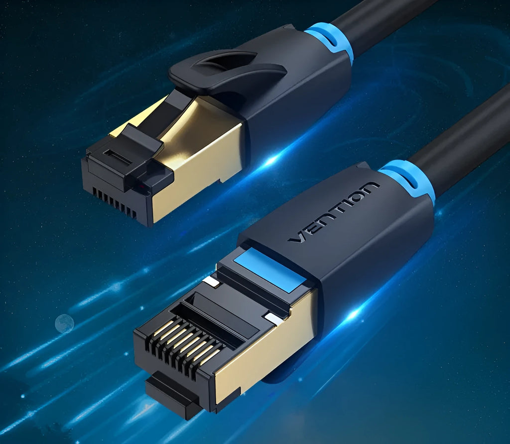CAT8 shielded flat and round ethernet network cables with RJ45 connectors in various lengths