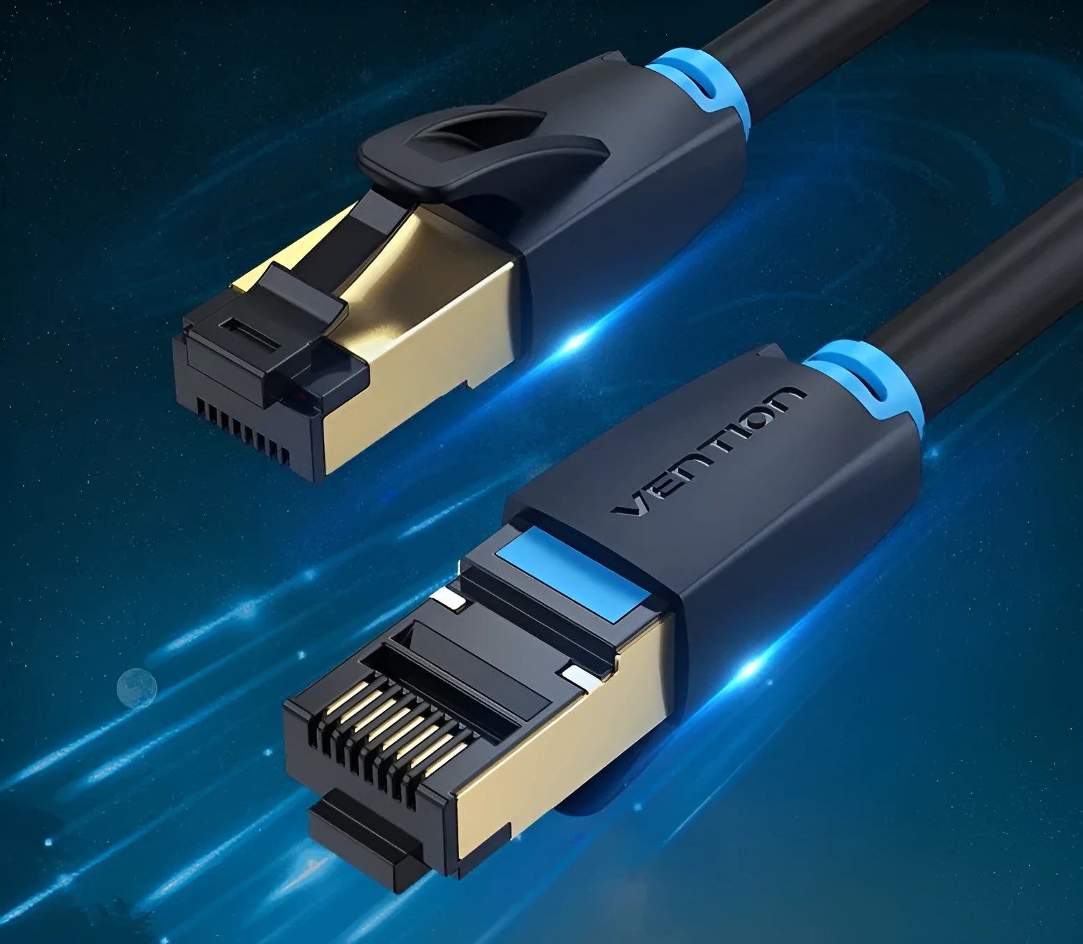 CAT8 shielded flat and round ethernet network cables with RJ45 connectors in various lengths