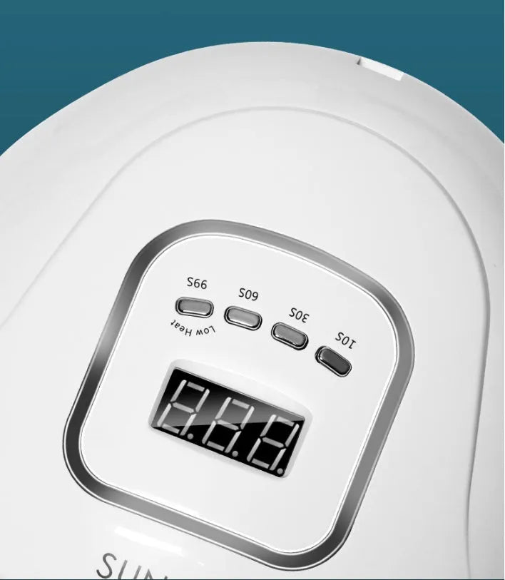 White portable UV LED nail dryer lamp with digital timer display and light-up chamber