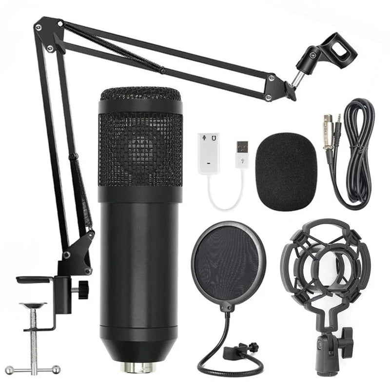 BM-800 condenser microphone stand set in various colours on a desktop