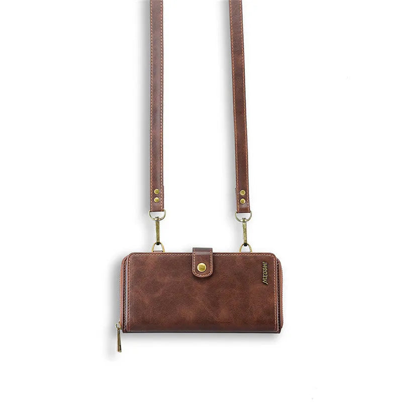 Detachable wallet phone case showing magnetic backpack separated from PC flip cover for Samsung and iPhone