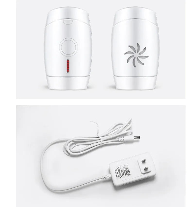 White home laser hair removal device with digital display, shown with international plug adapters.