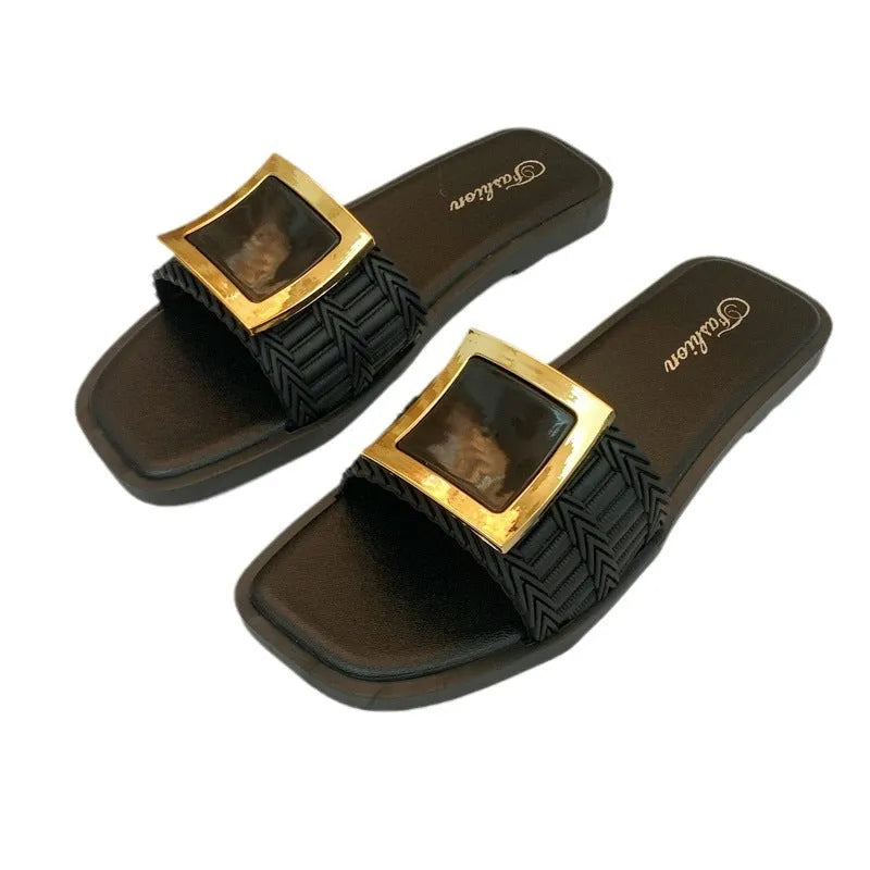 Women's flat summer slippers in apricot, black, or khaki with a lightweight PVC sole