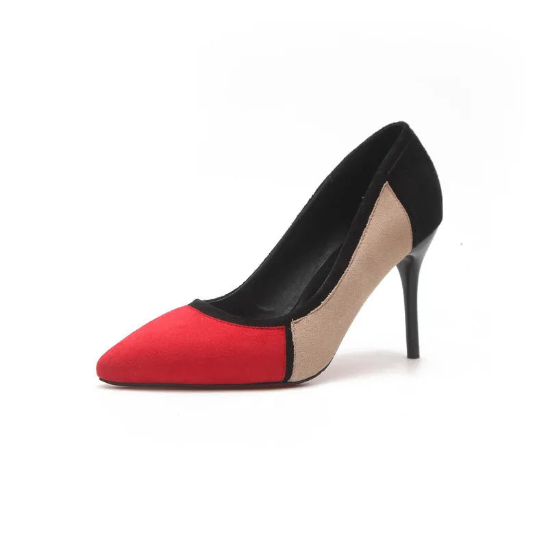 Colorblock high heels with pointed toe, hollow upper detail, beige and red colour options, sizes 34 to 39