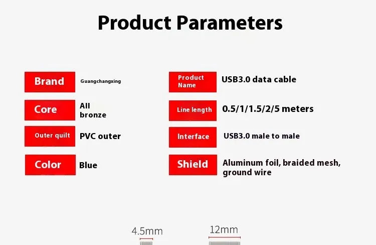 USB 3.0 male to male data cable with nickel-plated Type-A connectors, shown with length options.