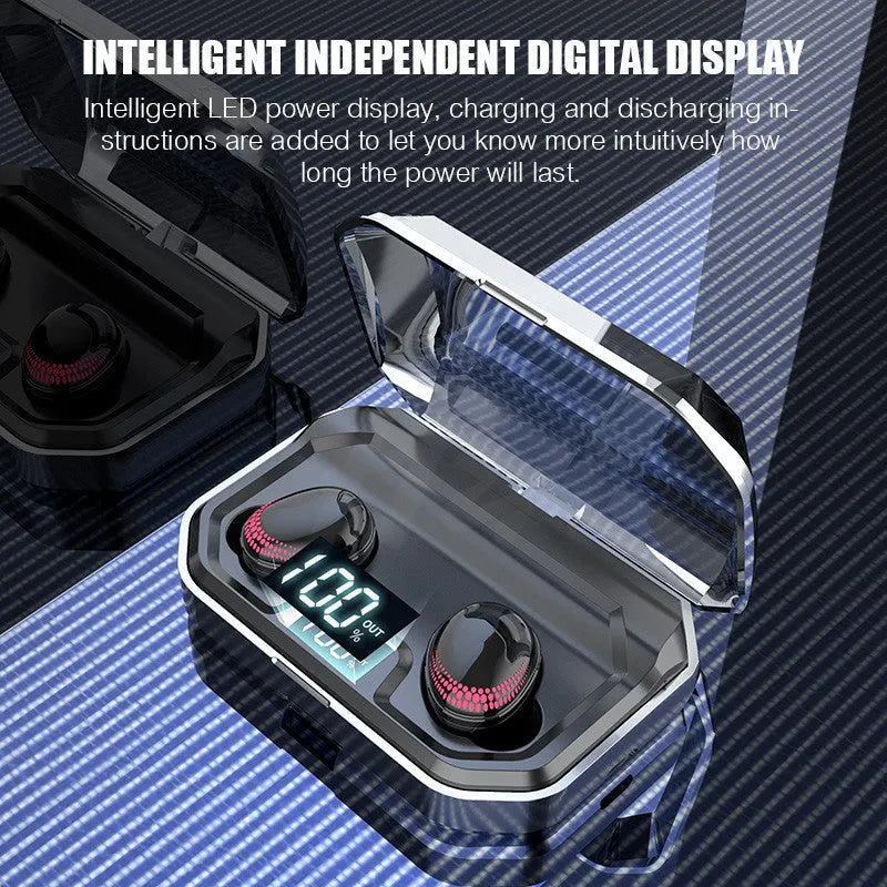Black X10 wireless Bluetooth earbuds and their rectangular charging case on a white background.