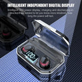 Black X10 wireless Bluetooth earbuds and their rectangular charging case on a white background.