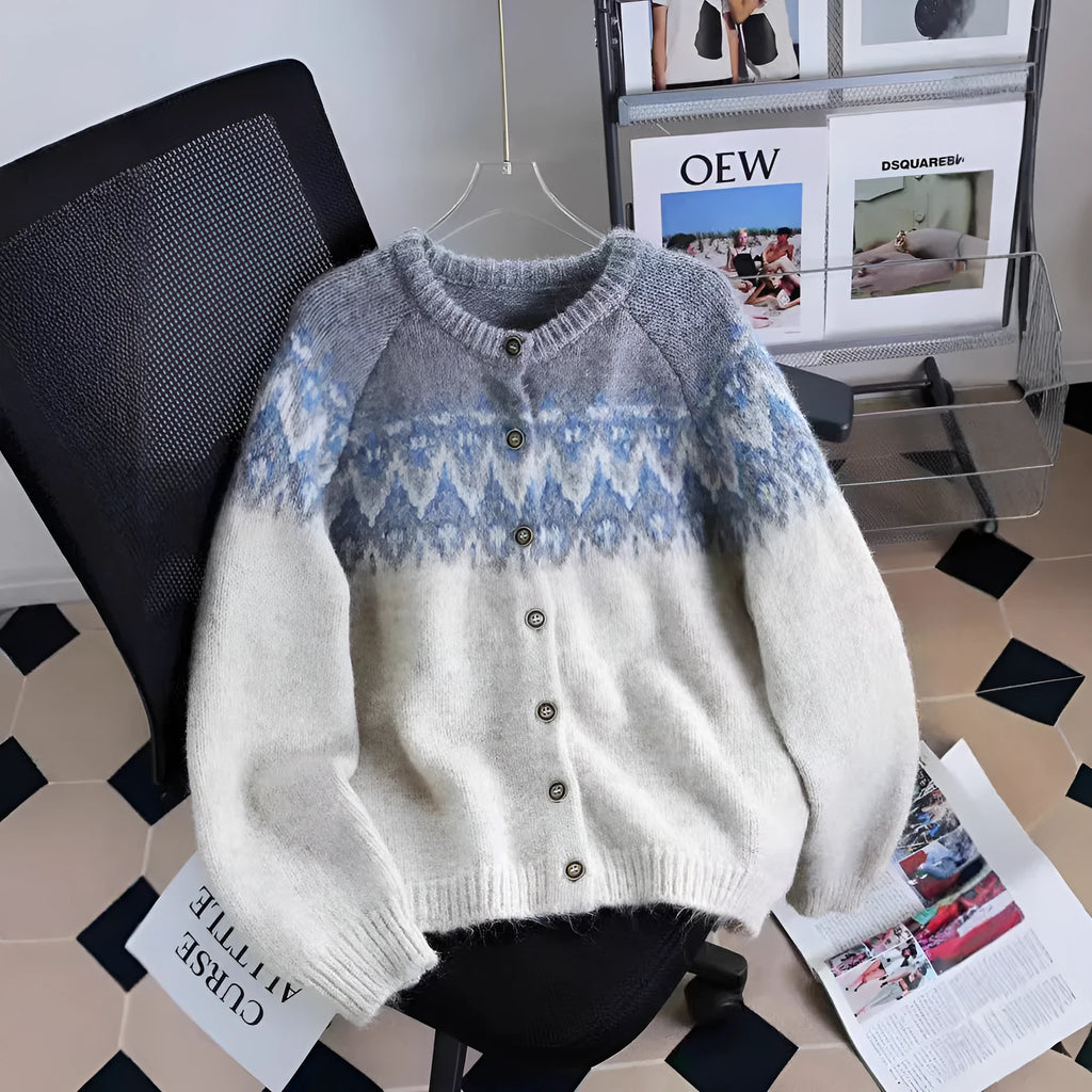 Women's loose-fit jacquard knit sweater coat in beige, brown, or navy blue.
