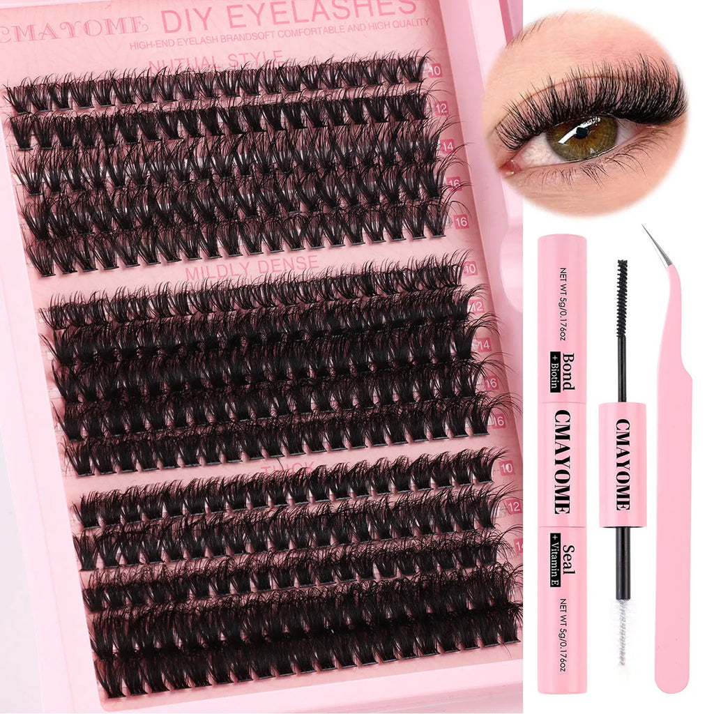 DIY single cluster false eyelash extension set with application tweezers