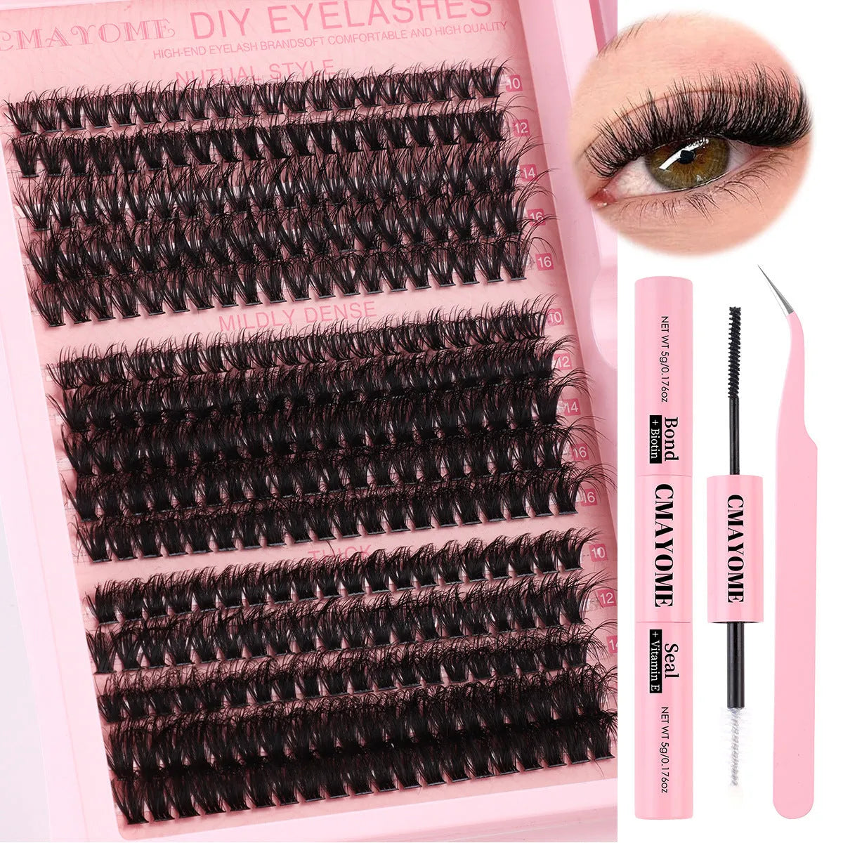 DIY single cluster false eyelash extension set with application tweezers