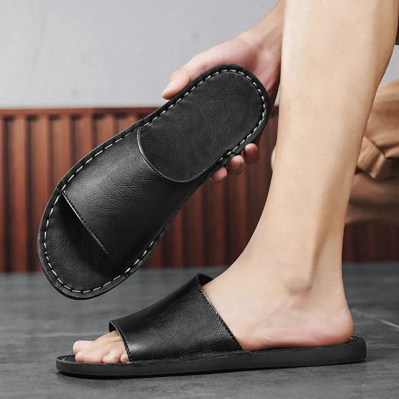 Brown and black men's leather casual sandals with rubber soles for outdoor spring and summer wear.