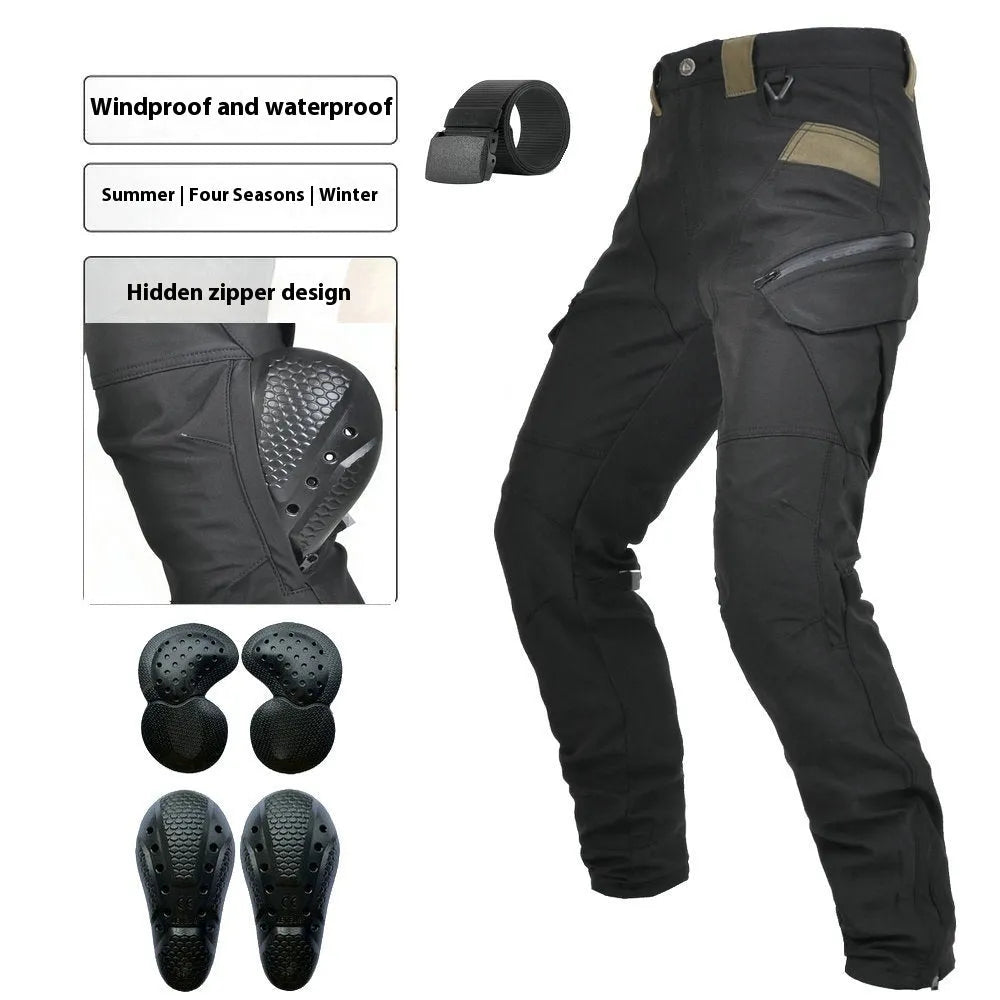 Motorcycle waterproof cycling trousers with belt and protective gear in black or green colour options