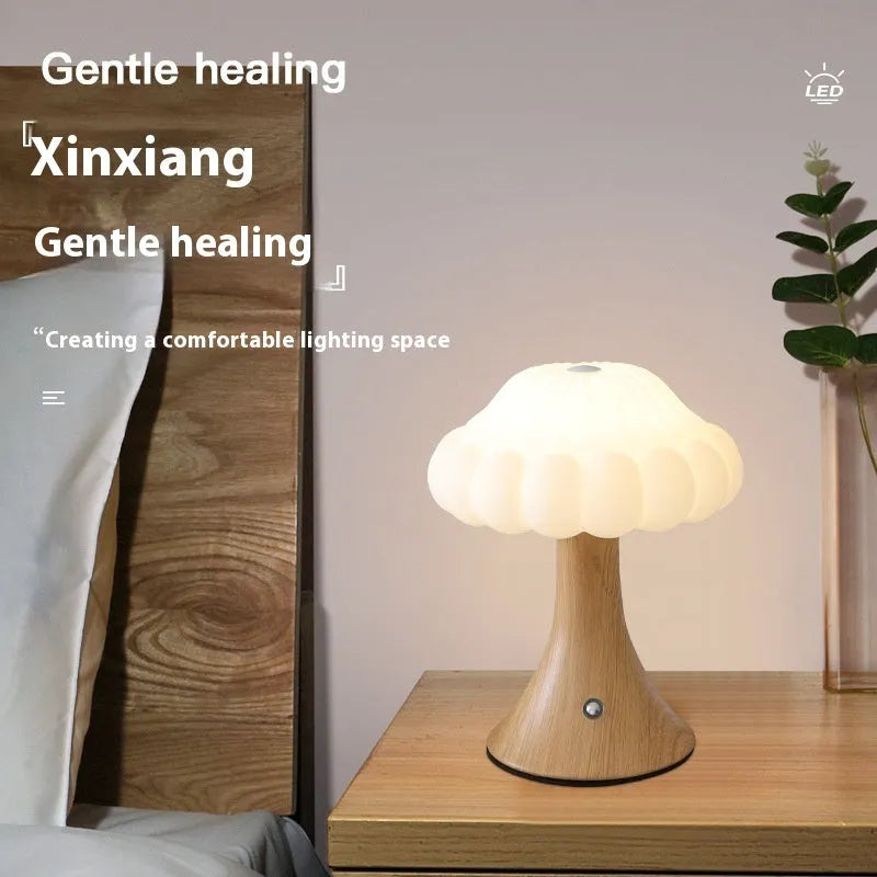 Mushroom touch lamp with USB cable in wood grain, white, cream, grey, or black for cafe decoration