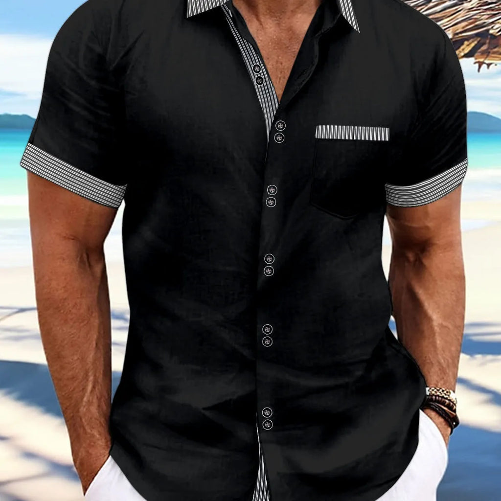Men's slim fit striped casual shirt in pure cotton, short sleeve with double button detail.
