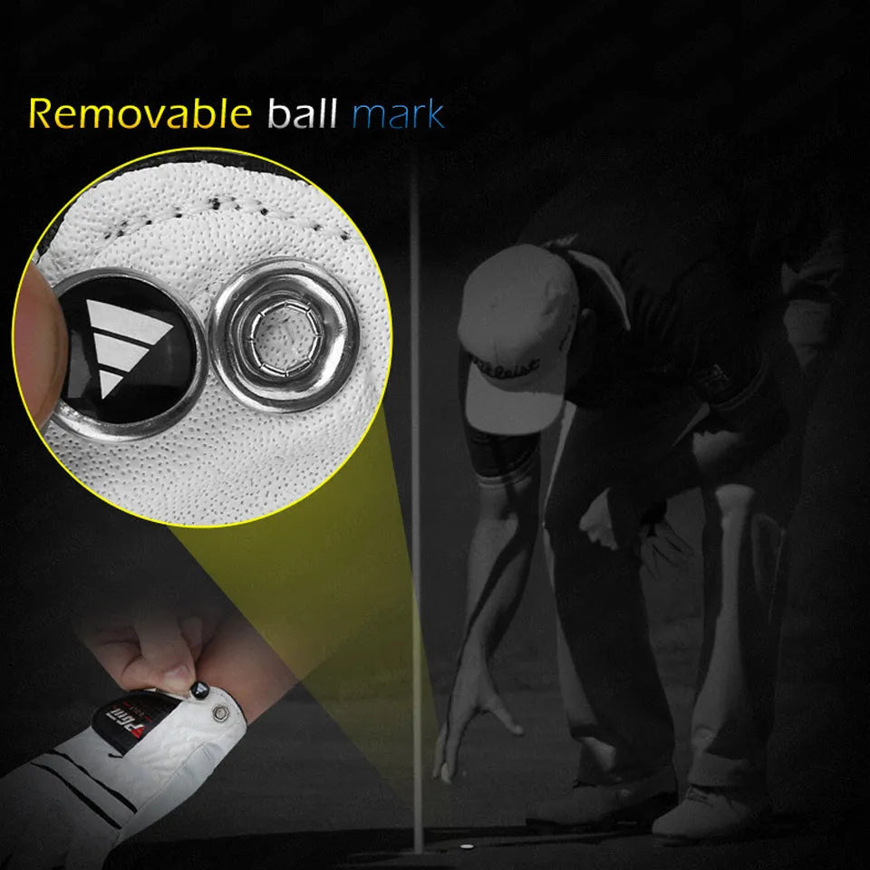 Summer thin golf glove in real sheepskin leather with anti-skid particles, breathable pores, and Velcro closure.