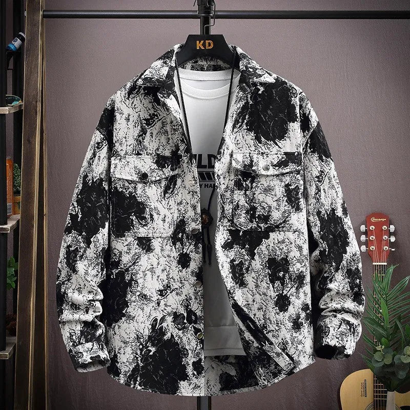Casual lapel shirt coat in a light colour with long sleeves and straight hem, shown on a hanger.