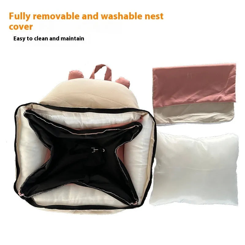 Removable washable dog car kennel in grey beige colour showing size and fabric detail.