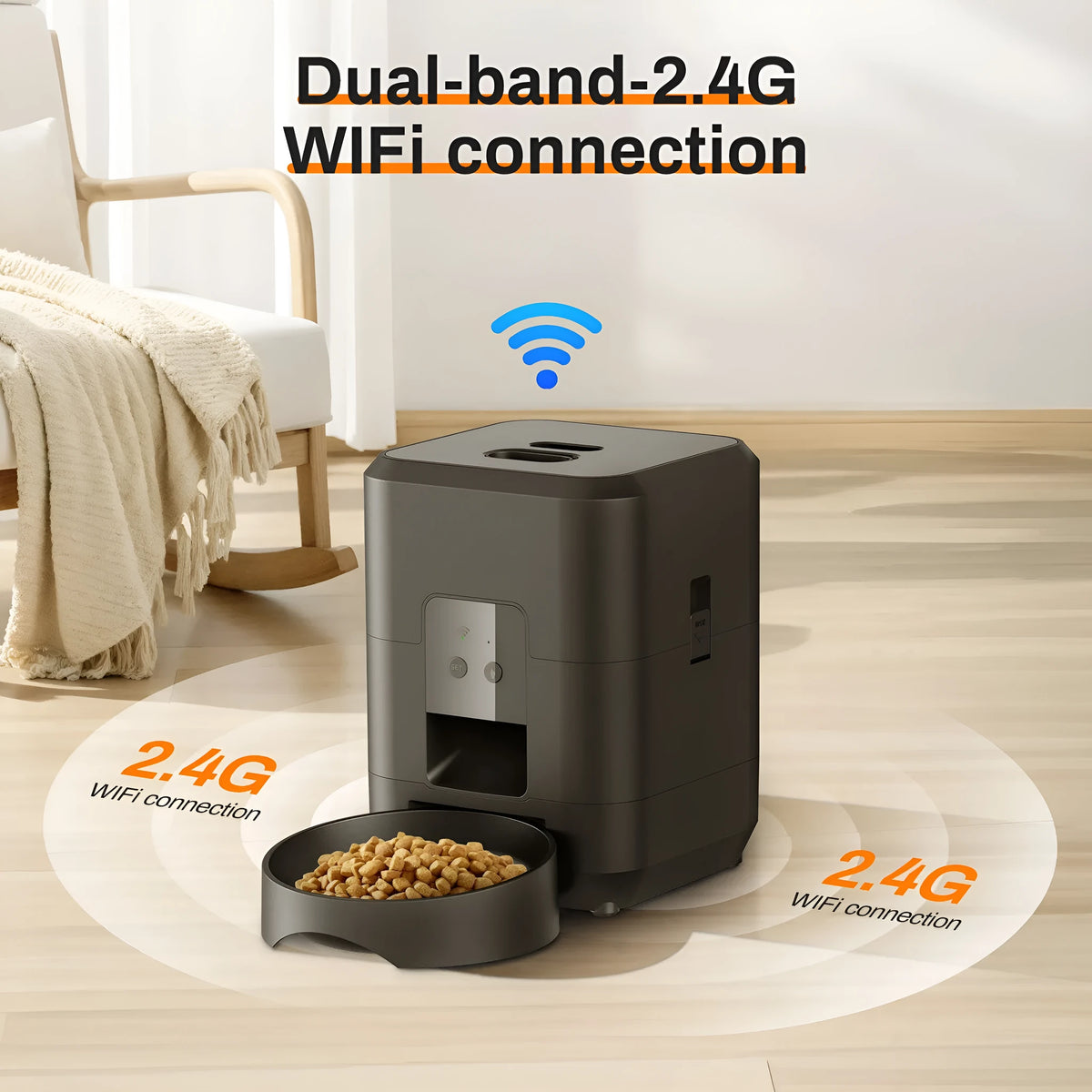 White automatic cat feeder with smartphone showing remote control interface and scheduled feeding times