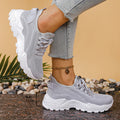 Women's low-top mesh sports shoes with platform heel in multiple colour options including black, white, pink, and grey