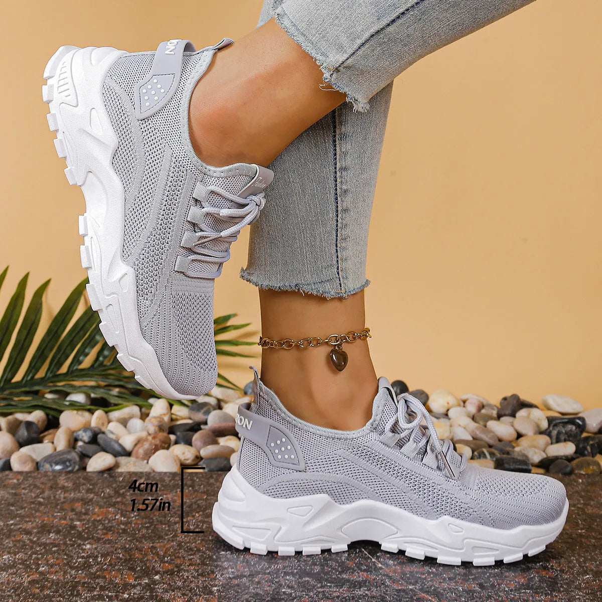 Women's low-top mesh sports shoes with platform heel in multiple colour options including black, white, pink, and grey