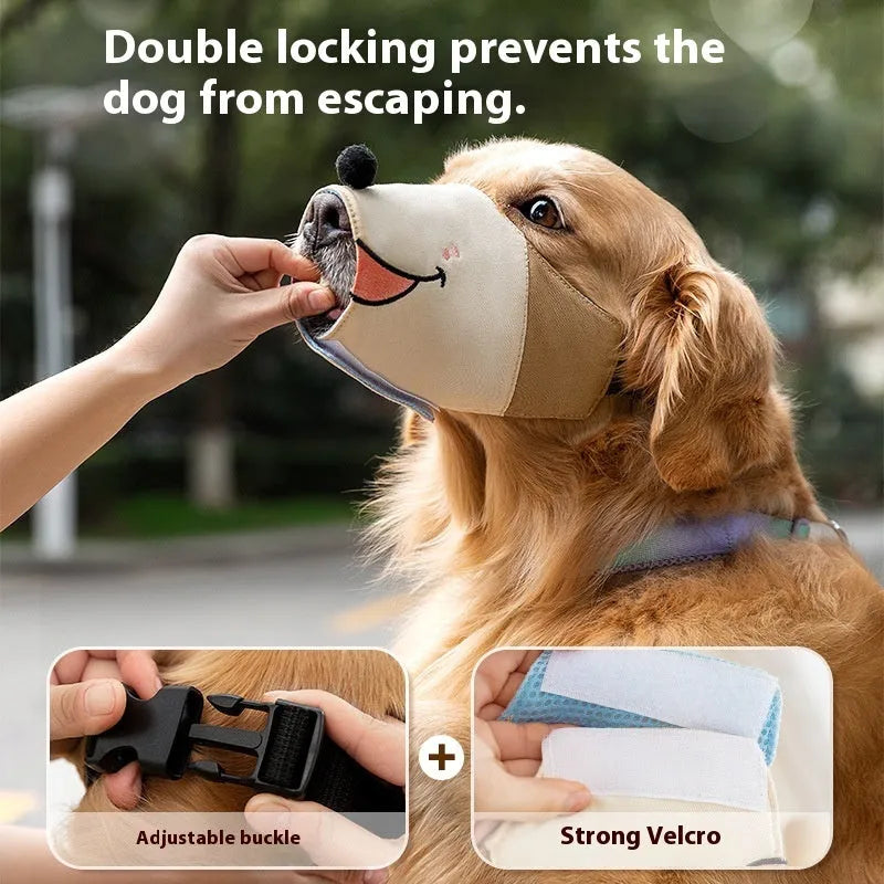 Canvas dog muzzle in Ollie Brown Bear colour, shown next to size chart for S, M, L, and XL.