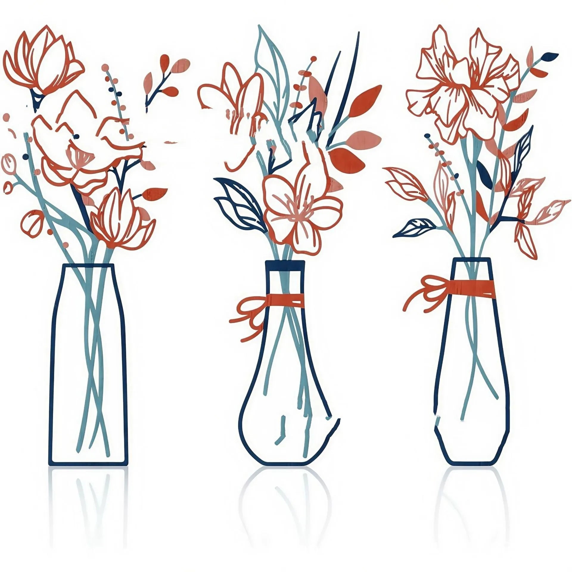 Three-piece metal flowers wall art set with rustic vase designs for country farmhouse décor