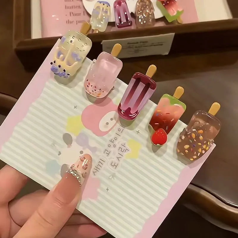 Cartoon ice cream design resin hair barrette side clip in beige, brown, pink, purple, or red.