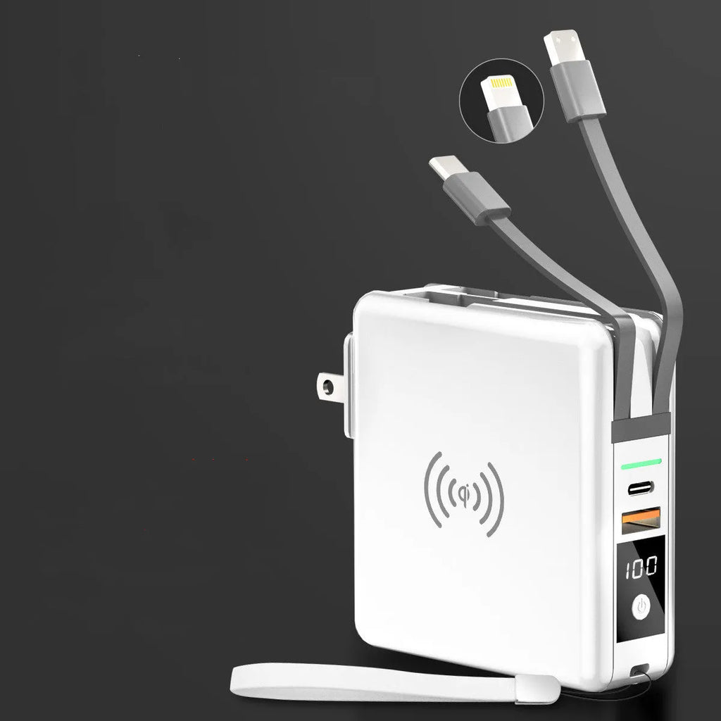 PD20W power bank with integrated plug showing black and white colour options with international adaptors