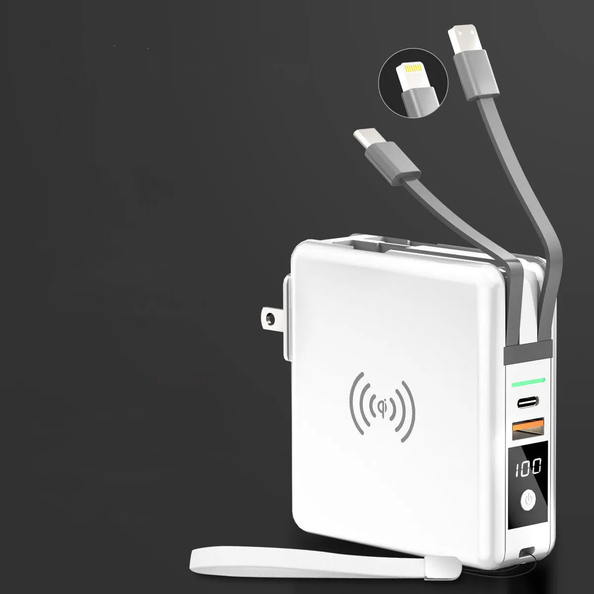 PD20W power bank with integrated plug showing black and white colour options with international adaptors