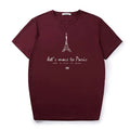 Eiffel Tower printed men's loose plus size T-shirt with short sleeves and round neck in black, claret or dark green.