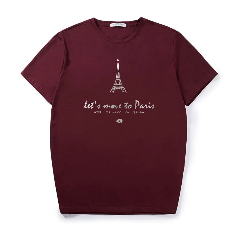 Eiffel Tower printed men's loose plus size T-shirt with short sleeves and round neck in black, claret or dark green.