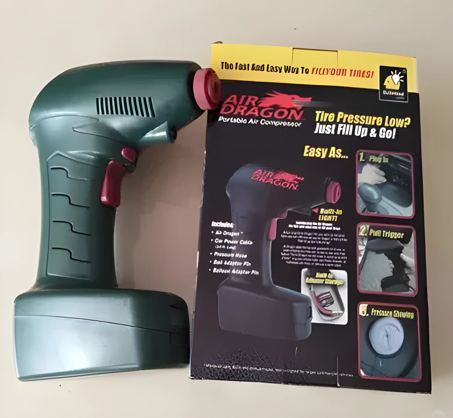 Portable 12V car tyre inflator with digital pressure gauge and LED light for emergency use