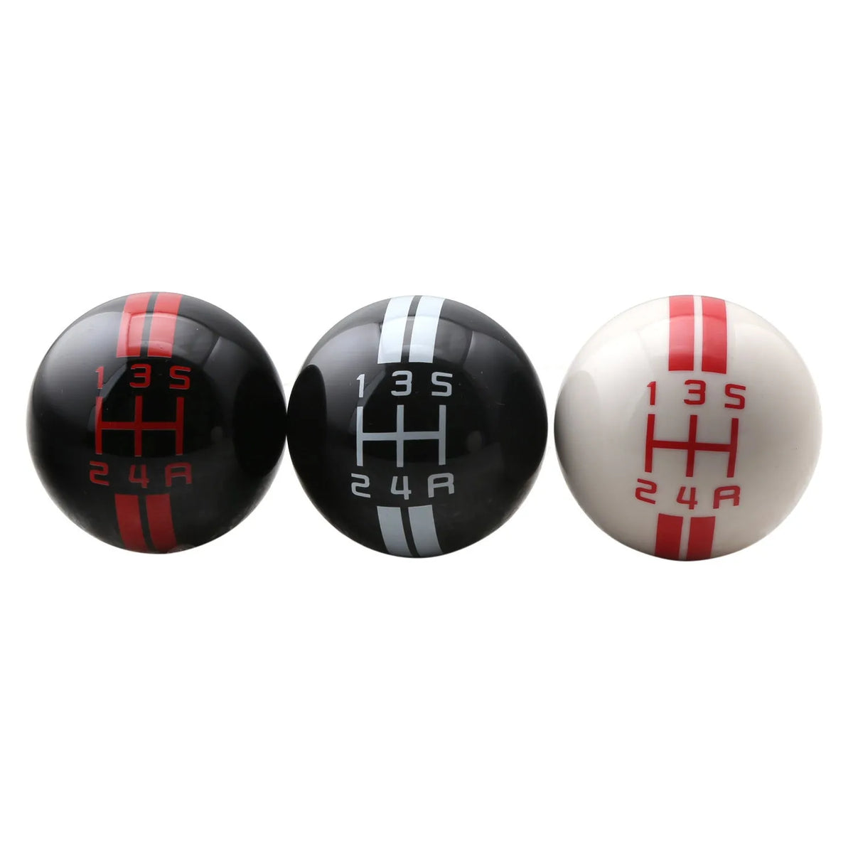 Black acrylic 5-speed manual car gear head with red racing lettering and screw adaptors for installation