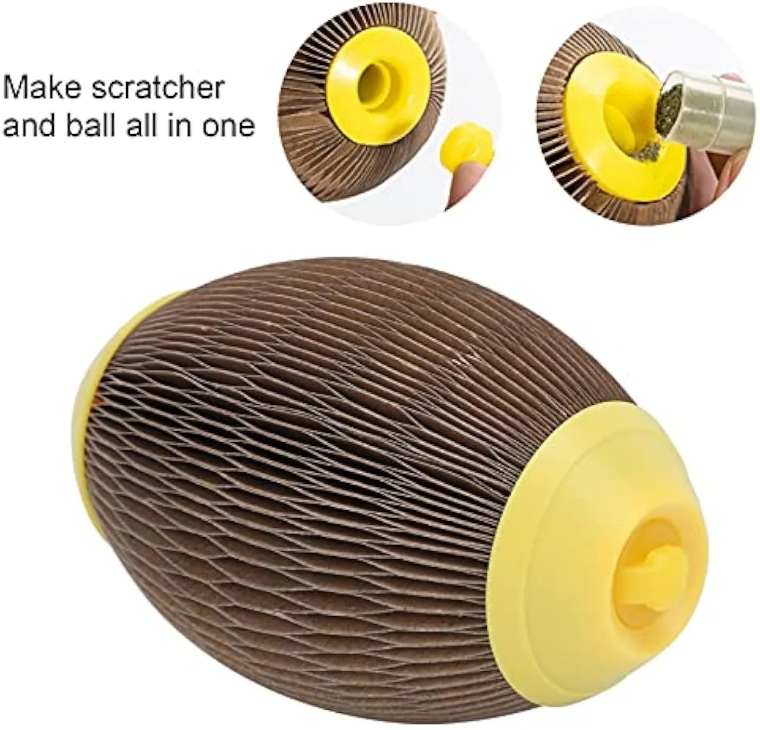 Ellipse-shaped corrugated paper catnip ball toy with scratch surface for cats.