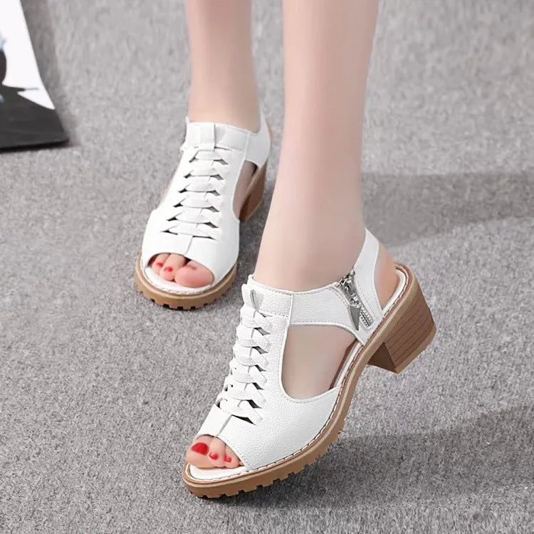 Women's retro style sandals with side zipper closure and middle heel