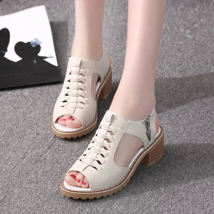 Women's retro style sandals with side zipper closure and middle heel