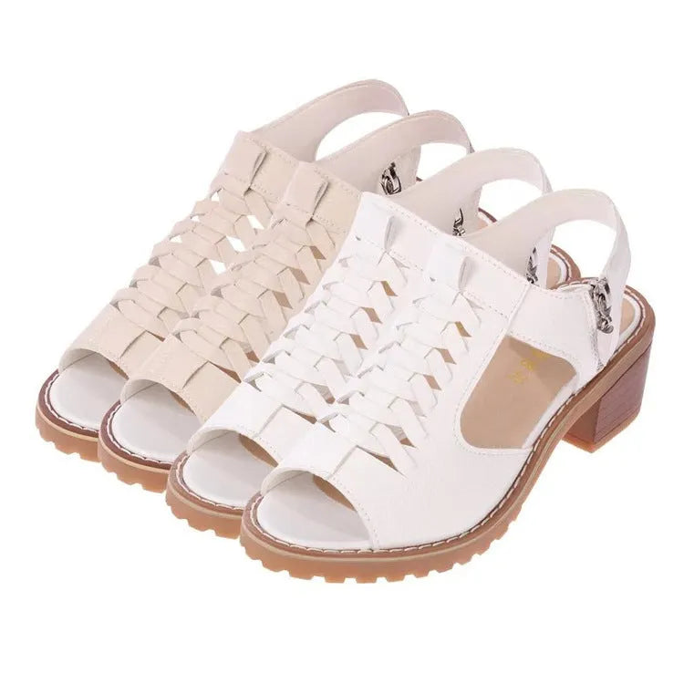 Women's retro style sandals with side zipper closure and middle heel
