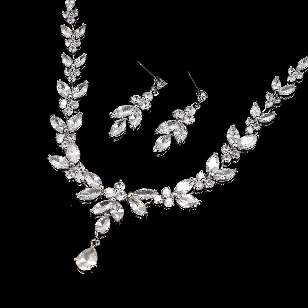 Zircon simple bridal set with copper earrings, gold-plated inlaid stones, shown in Gold, Rose Gold, or Silver.