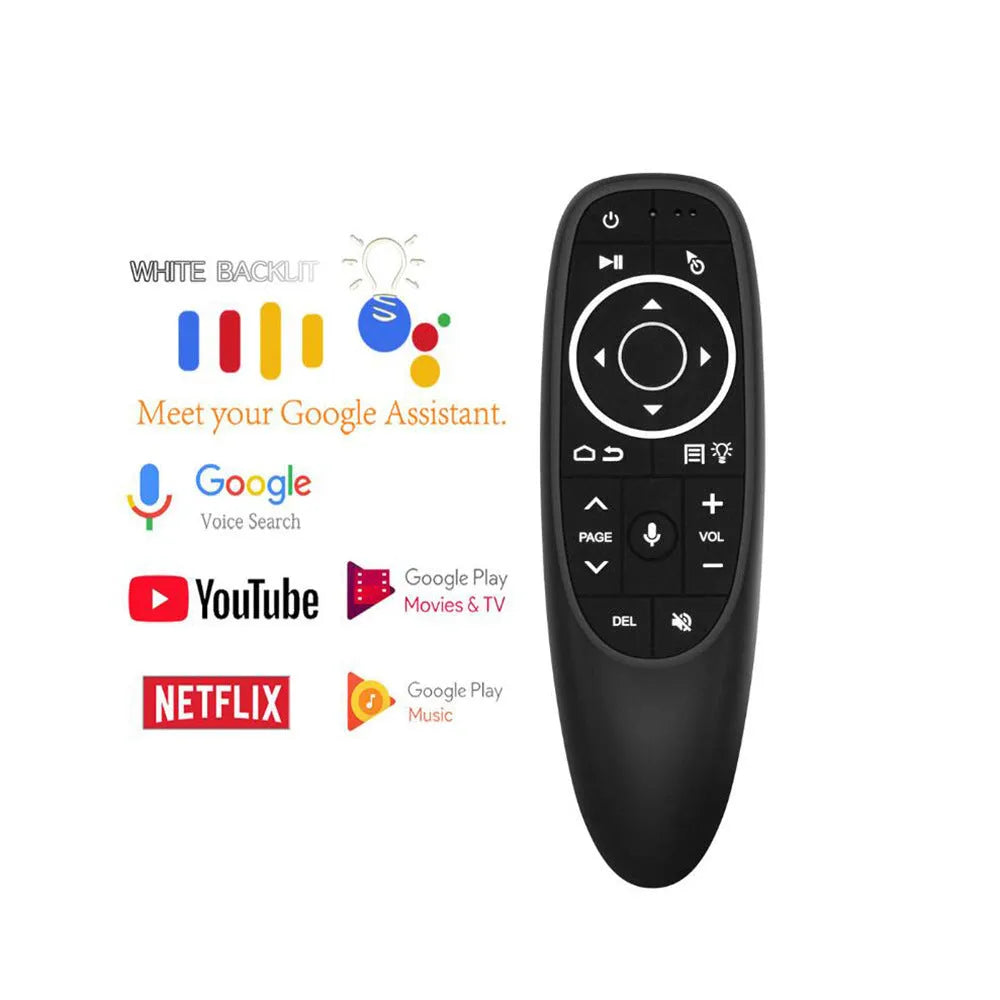 G10 G10S voice remote control with black plastic shell and silicone buttons for Android TV