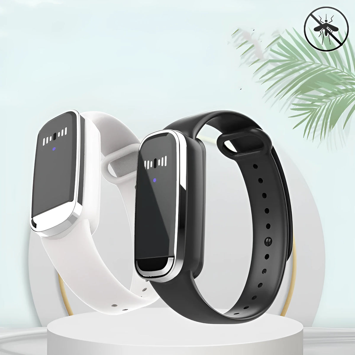 Black and white ultrasonic mosquito repellent bracelet with USB charging cable on a white background.