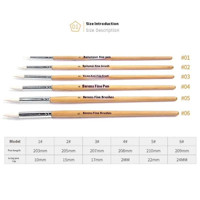 Set of six wooden-handled artistic pen brushes with pointed wool bristles for calligraphy and detailed painting.