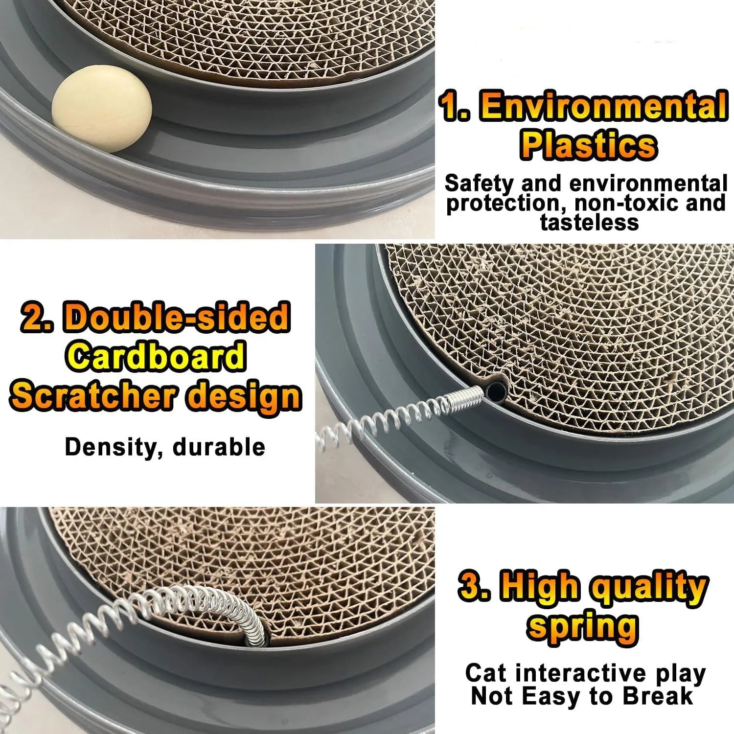 Blue cat scratching post with interactive ball track and replaceable cardboard centre pad