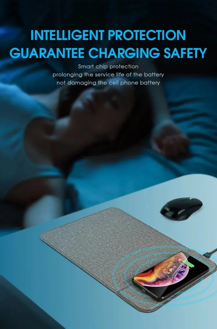 Foldable cloth wireless charging phone holder stand showing charging specs: 5W/10W, 8mm distance.