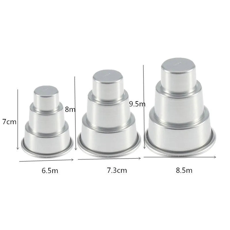 Silver aluminium alloy mini three-layer cake mould for fondant, shown in large, medium, and small sizes.