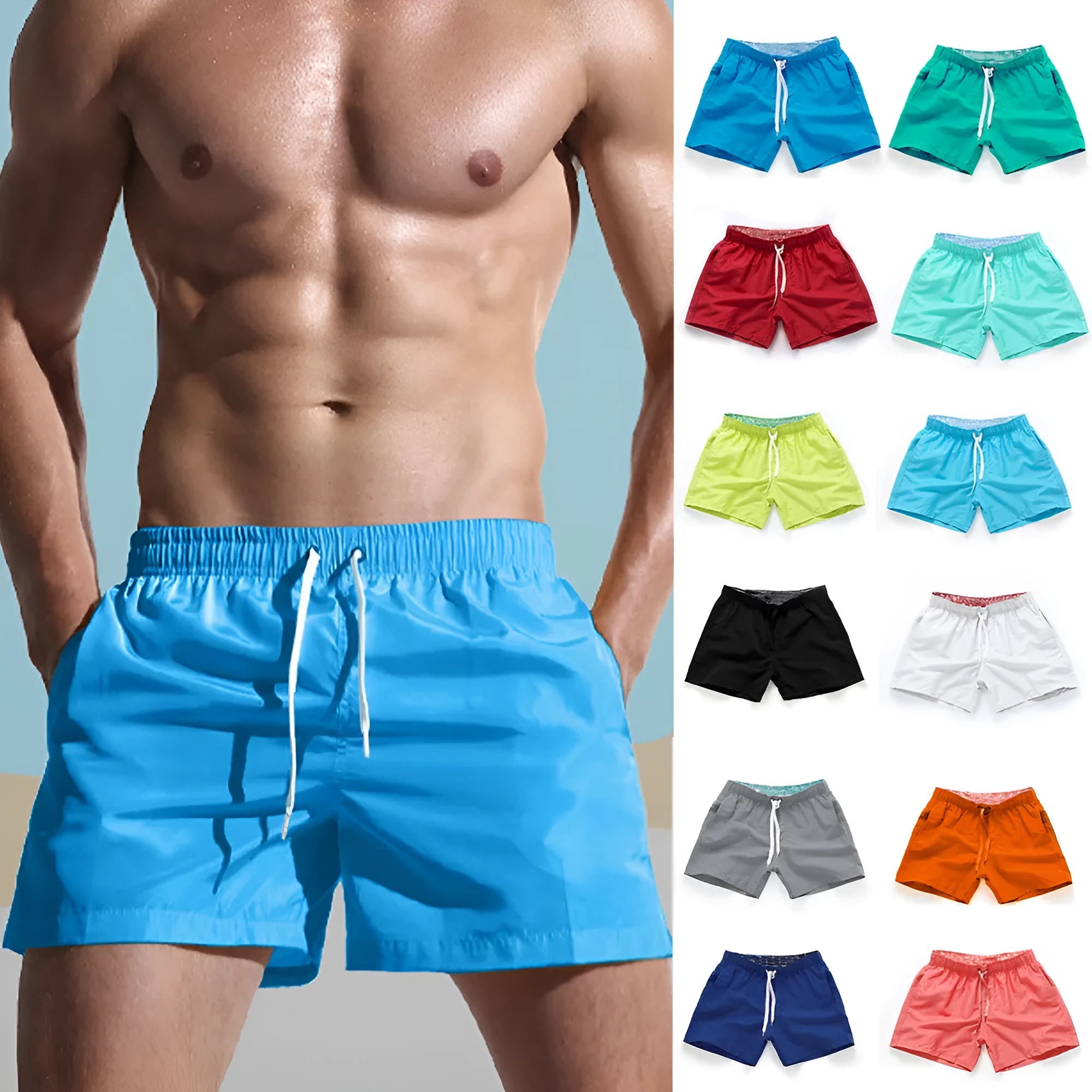 Men's polyester beach shorts in black, shown laid flat, featuring a straight leg opening.