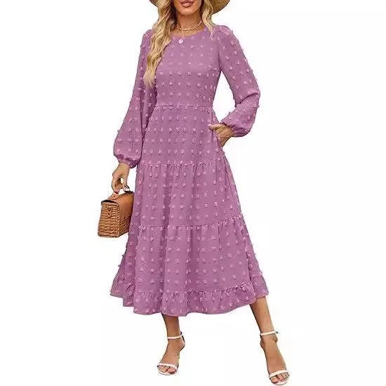 Long sleeve casual dress with ruffle sleeves and high waist in solid colour.